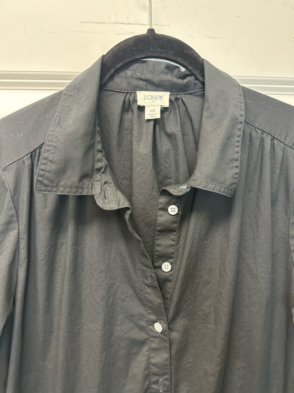 J. Crew Black Button-Front Long Sleeve Cotton Blend Gathered Shirt Dress 12 - Picture 2 of 8